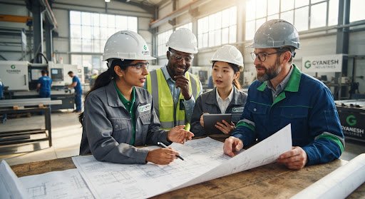 Engineers collaborating in modern facility